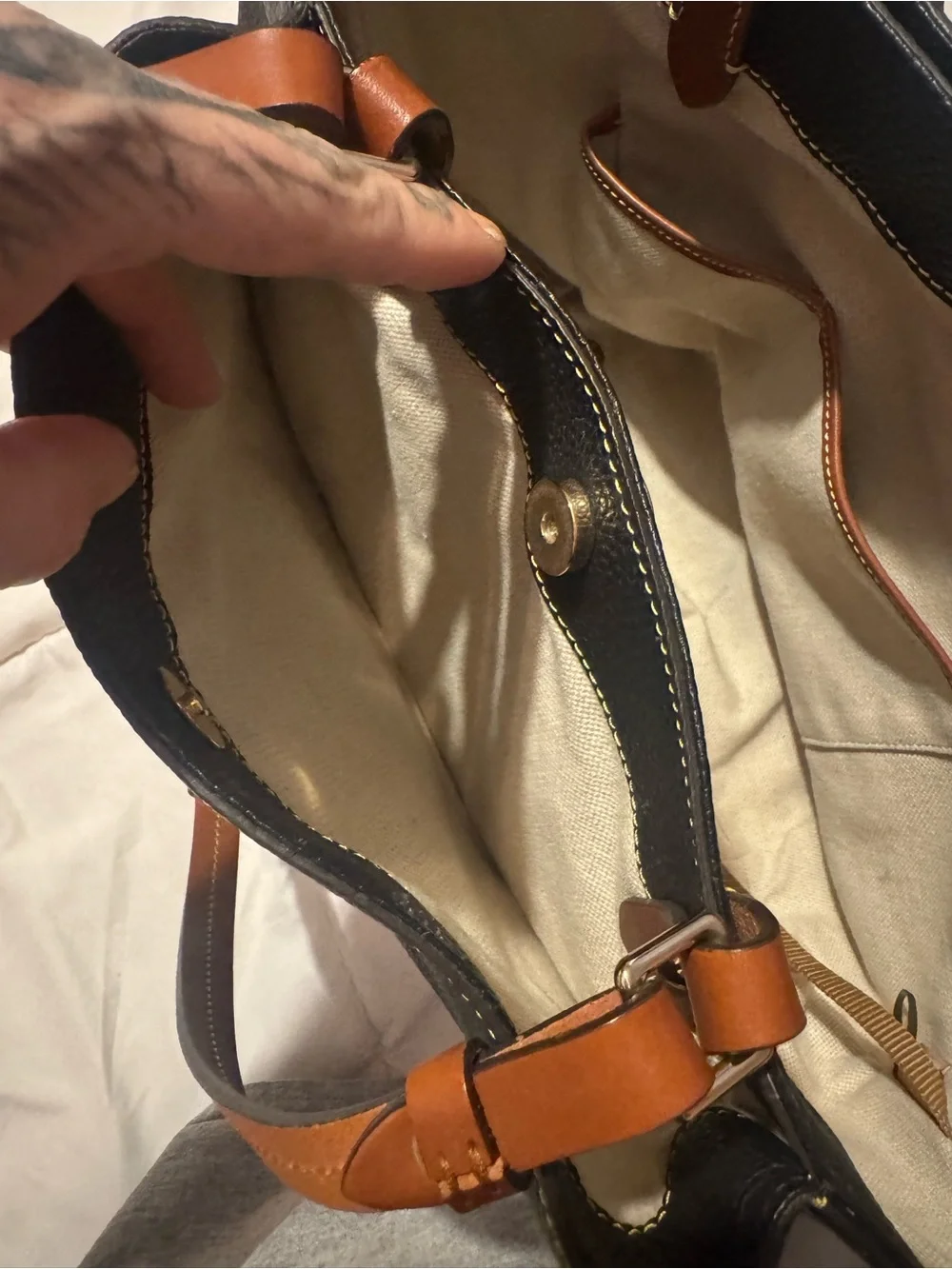 Dooney & Bourke Black Leather Tote with Brown Straps